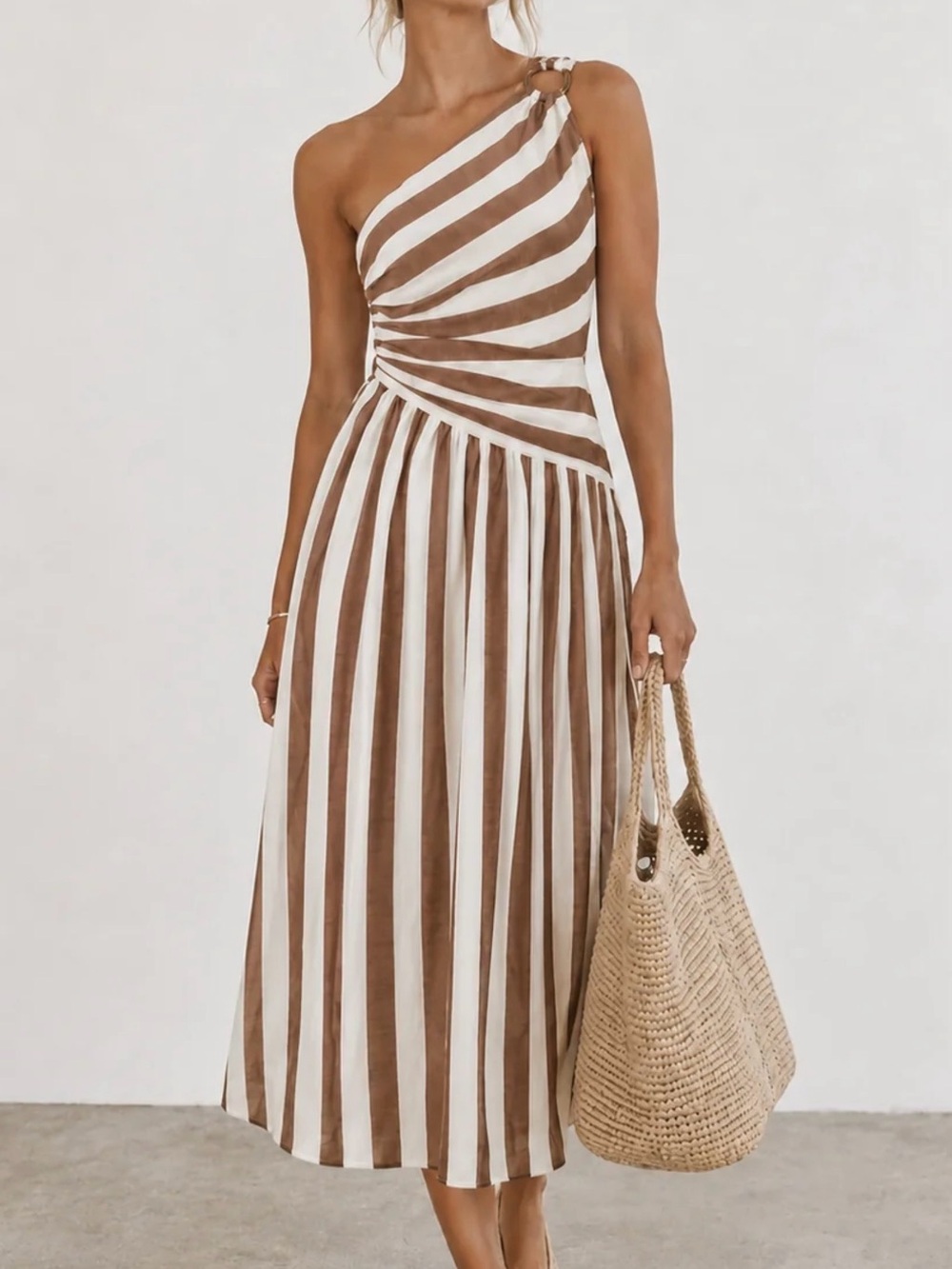 Commense One-Shoulder Striped Ring Detail Midi Dress in Brown and White - XL